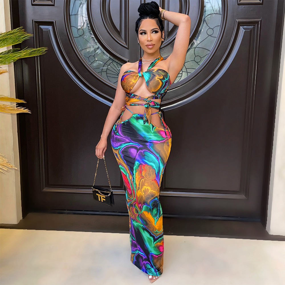 Conjunto de dos piezas de corsé con estampado digital sexy para mujer