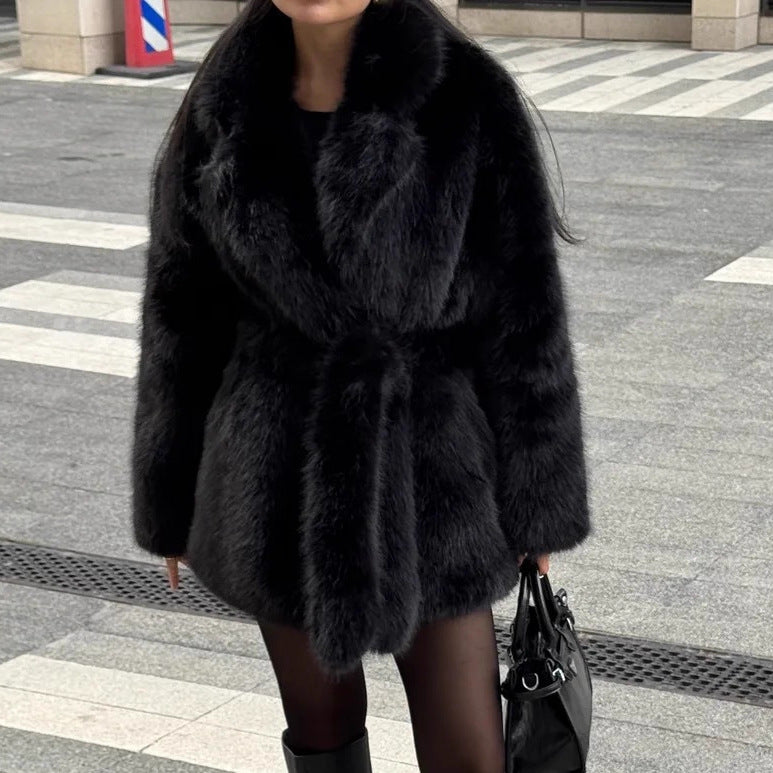 Winter Thickened Faux Fur Coat Women Mid Length Belt Fox Fur Overcoat Collar Plush Women Clothing