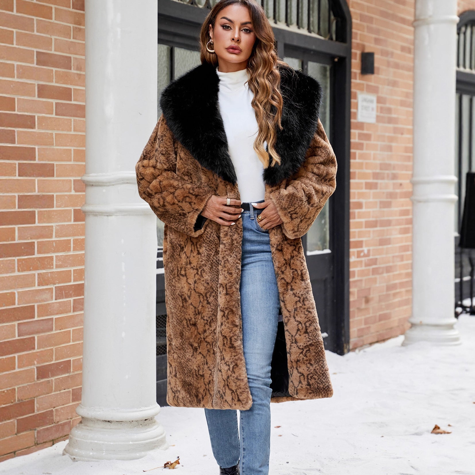 Fall Winter Retro Snakeskin Pattern Brand Thickened Faux Fur Plush Coat