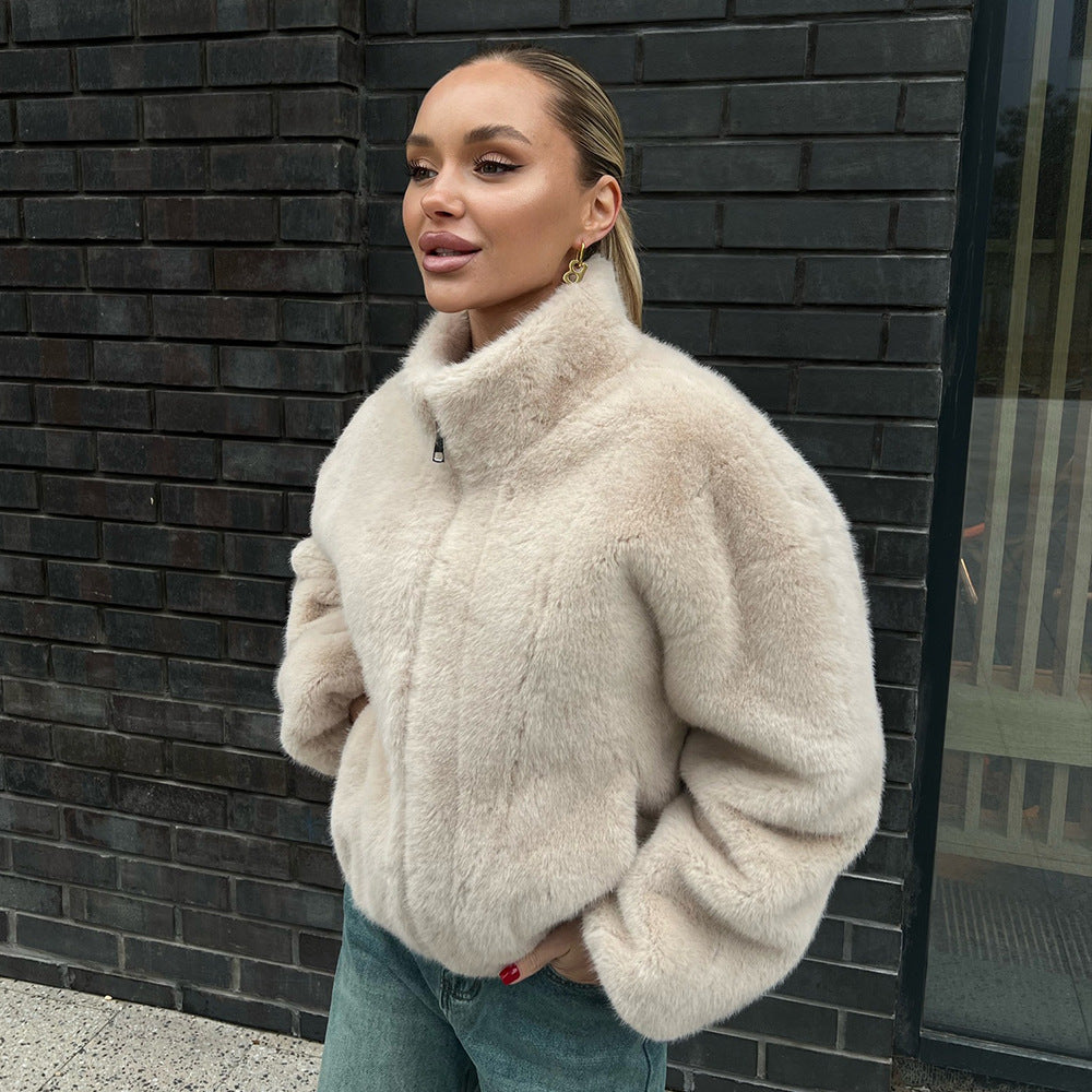 Stand Collar Plush Coat Autumn Winter with Zipper Furry Coat Warm Plush Coat for Women