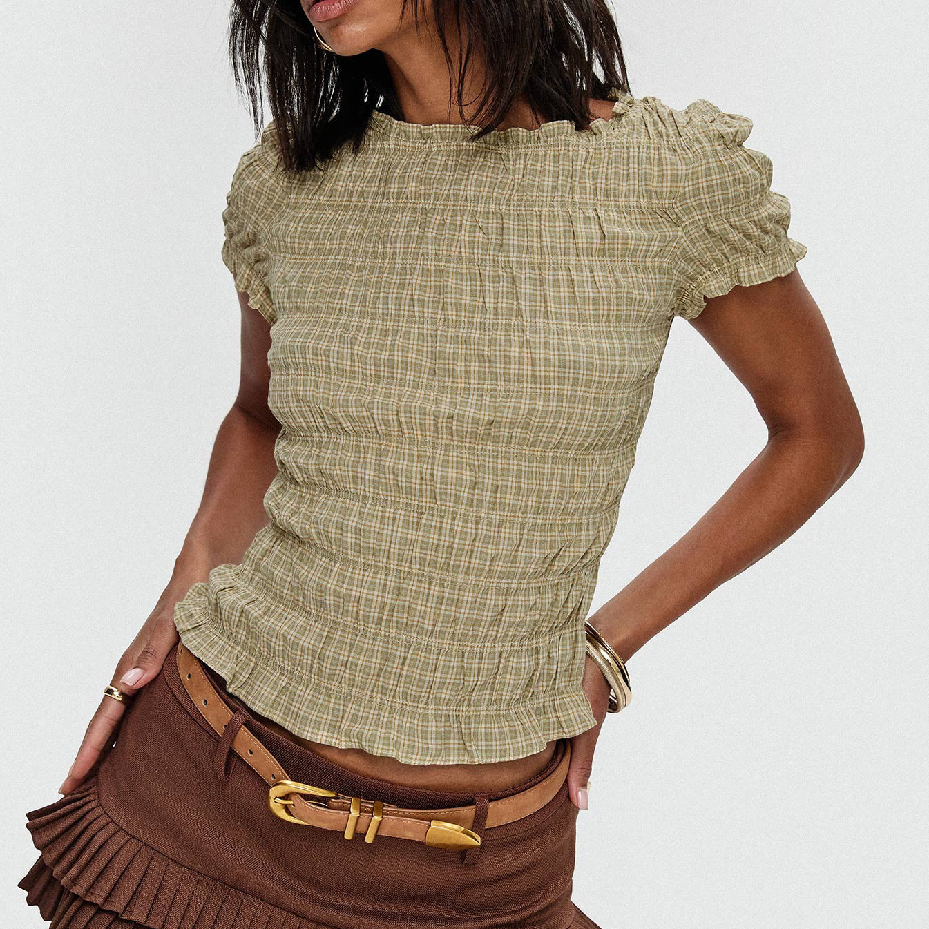 Women Clothes Solid Color Grid Casual All Matching Slim Fit Fitted Waist Pleated Cropped Short Sleeved Top