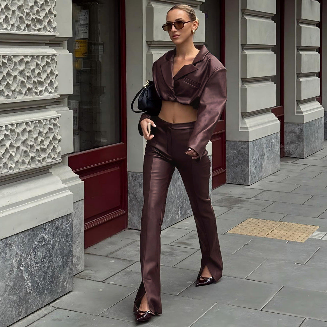 Autumn Winter Women Clothing Sexy Collared Crop Top Short Top High Waist Faux Leather Trousers Two Piece Set