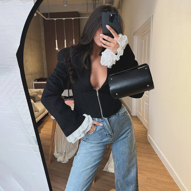 Fall Women Clothing Sexy Deep V Plunge Collared Waist Tight Slimming Zipper Coat Top Women