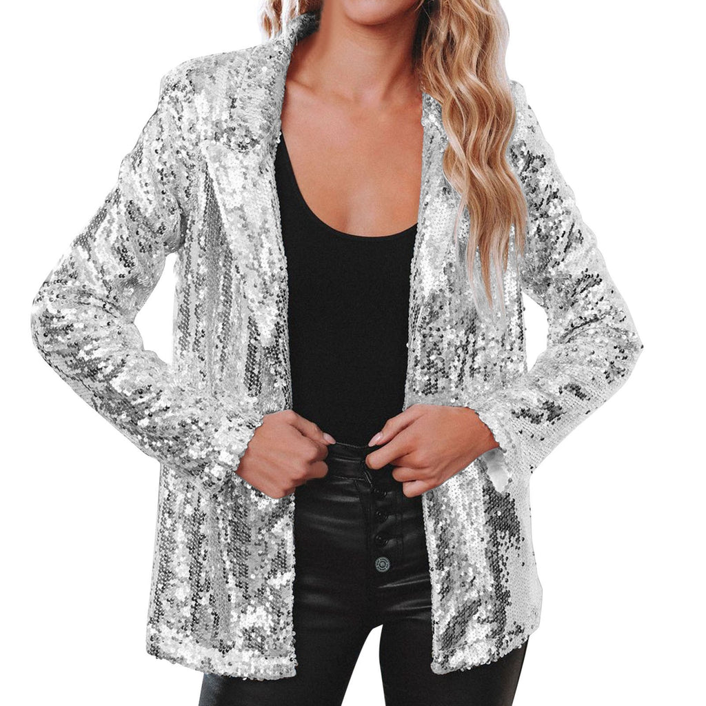 Haut décontracté à grandes paillettes, chemise à manches longues à paillettes, blazer élégant à col tailleur, taille S.