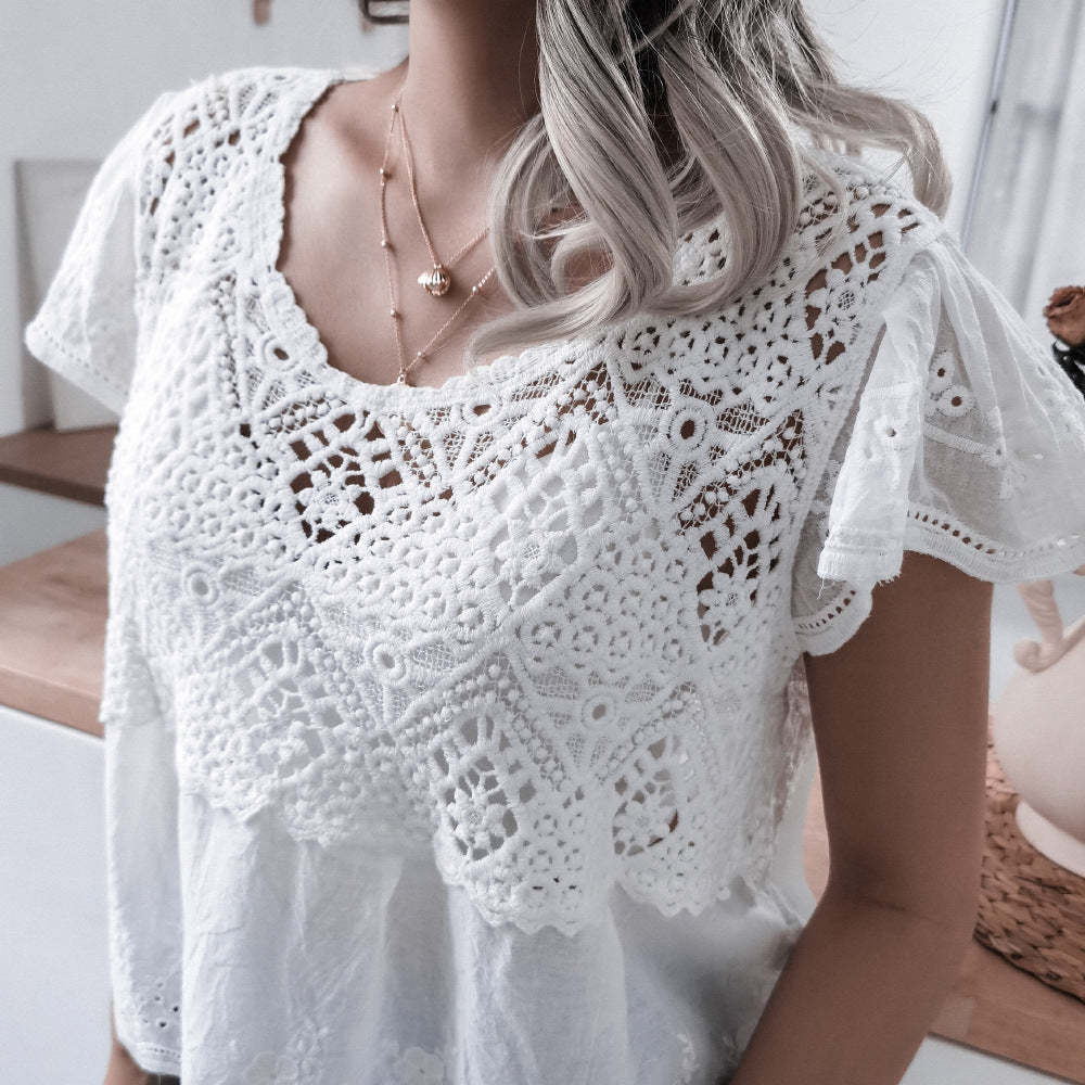 Real Shot Casual Embroidery Ruffled Short Sleeves V-neck Crocheted Hollow Out Cutout Lace Shirt Peplum Top