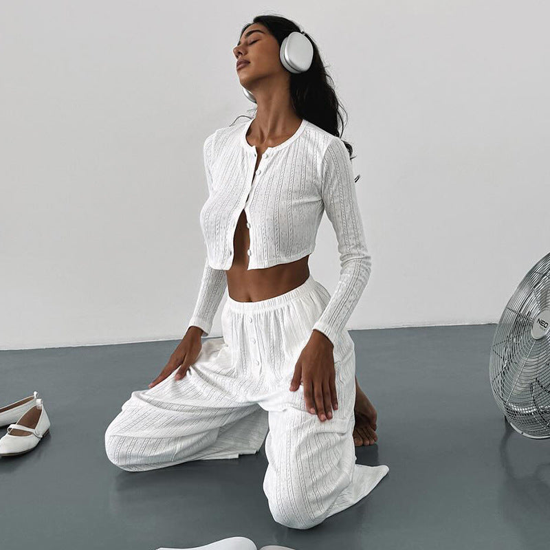 Casual Knitted Basic Breasted Long Sleeve Top Elastic Trousers Two Piece Pajamas Homewear