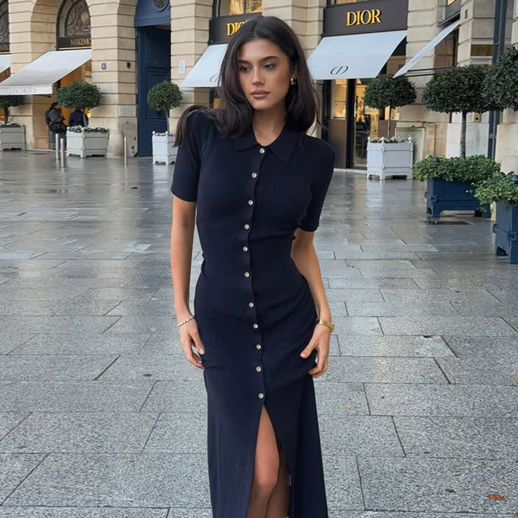 Women Basic Solid Color Knitted Breasted Polo Collar Short Sleeve Dress Elegant Dress