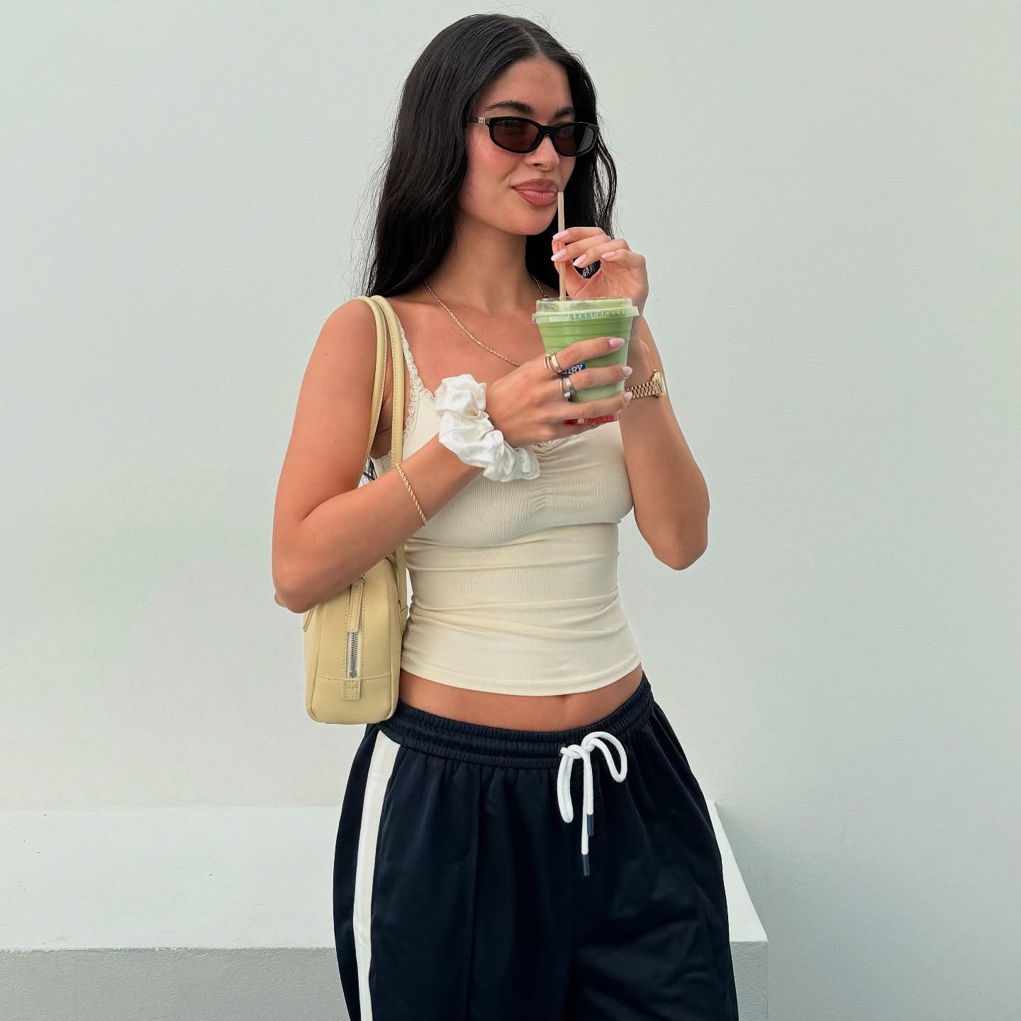 Solid Color Basic Small Sling Lace Stitching Pleated Spaghetti Strap Tank Top Sexy Outer Wear Sexy Short Top