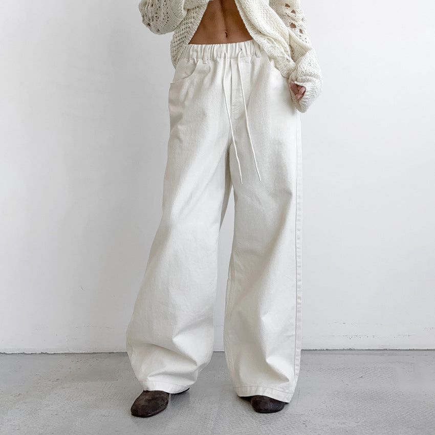 Casual Elegant White Loose Pure Cotton Tied Mid Waist Wide Leg Pants Autumn Winter Classic Trousers