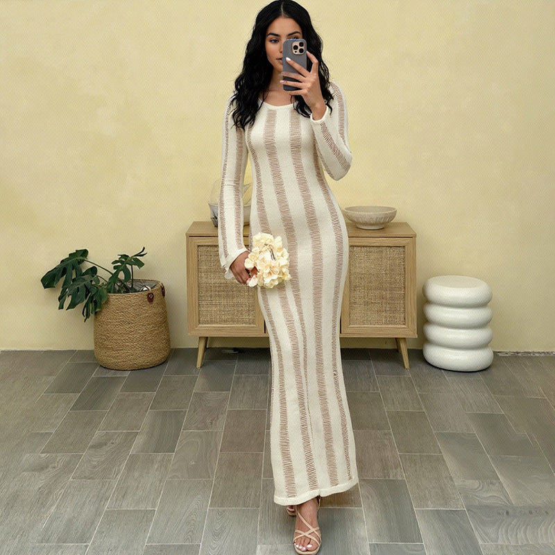 Women Clothing Autumn Sexy Sexy Cutout Bare Back Slim Fit Knitted Long Sleeved Dress Women