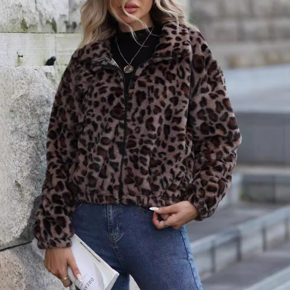 Flash Velvet Women Clothing Autumn Winter Loose Zip Long Sleeve Leopard Print Plush Coat