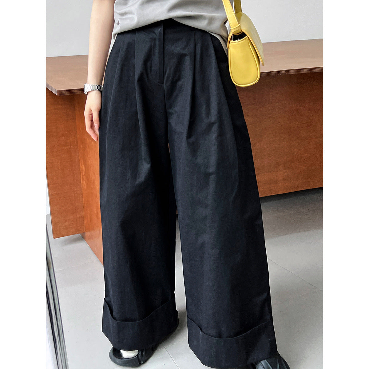 Washed Cotton Work Pant Trousers Women Summer Slimming Slim Fit Casual Curling Wide Leg Pants