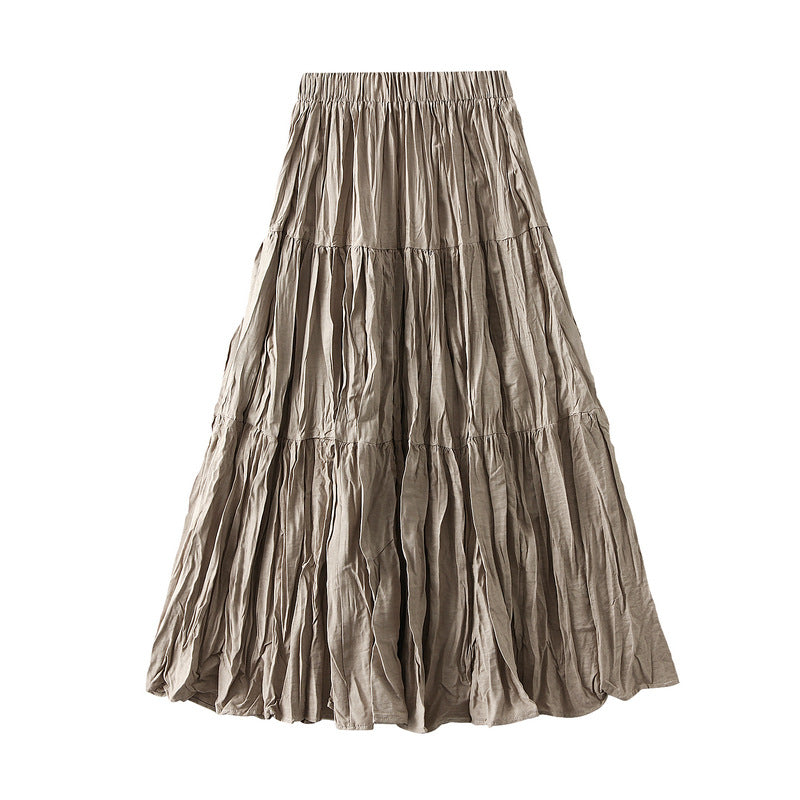 Retro Draped Dress Big Swing Mid Length Skirt Autumn Patchwork Tiered