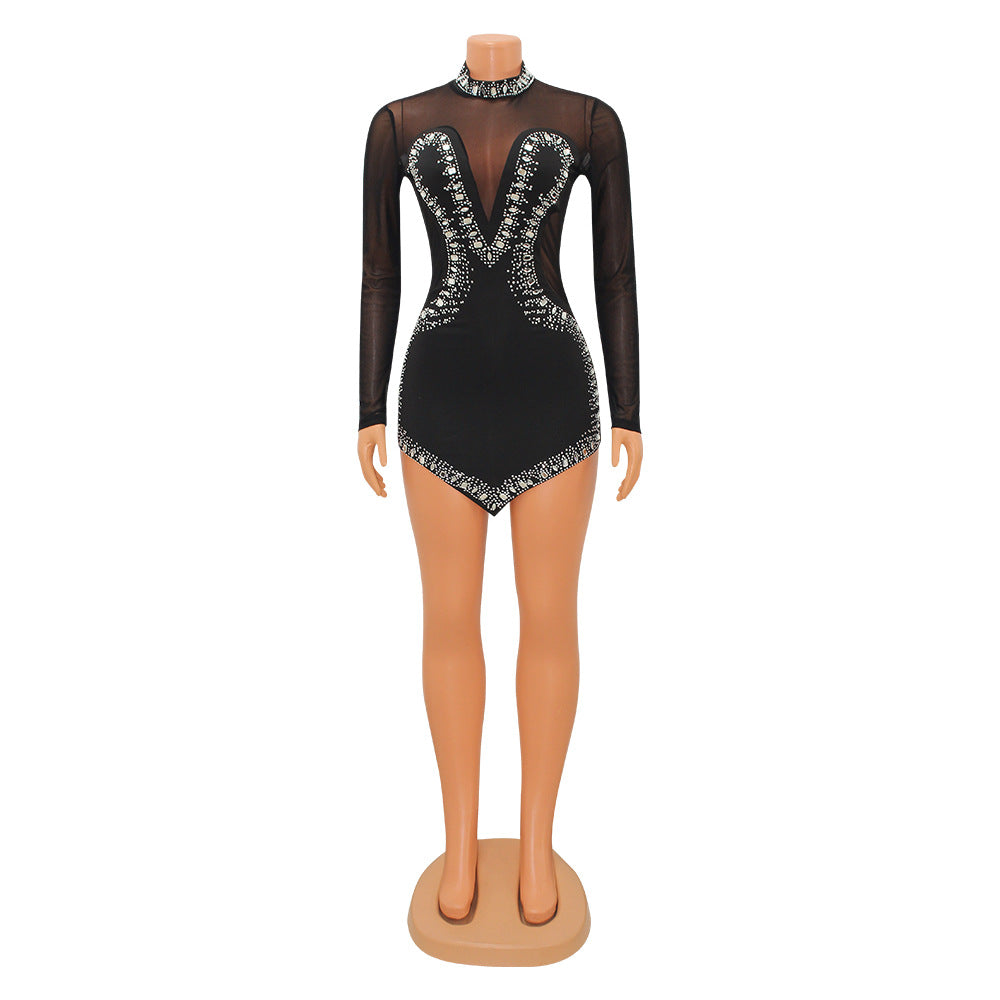 Summer Women Clothing Drilling Mesh See-through Long Sleeve Irregular Asymmetric Dress