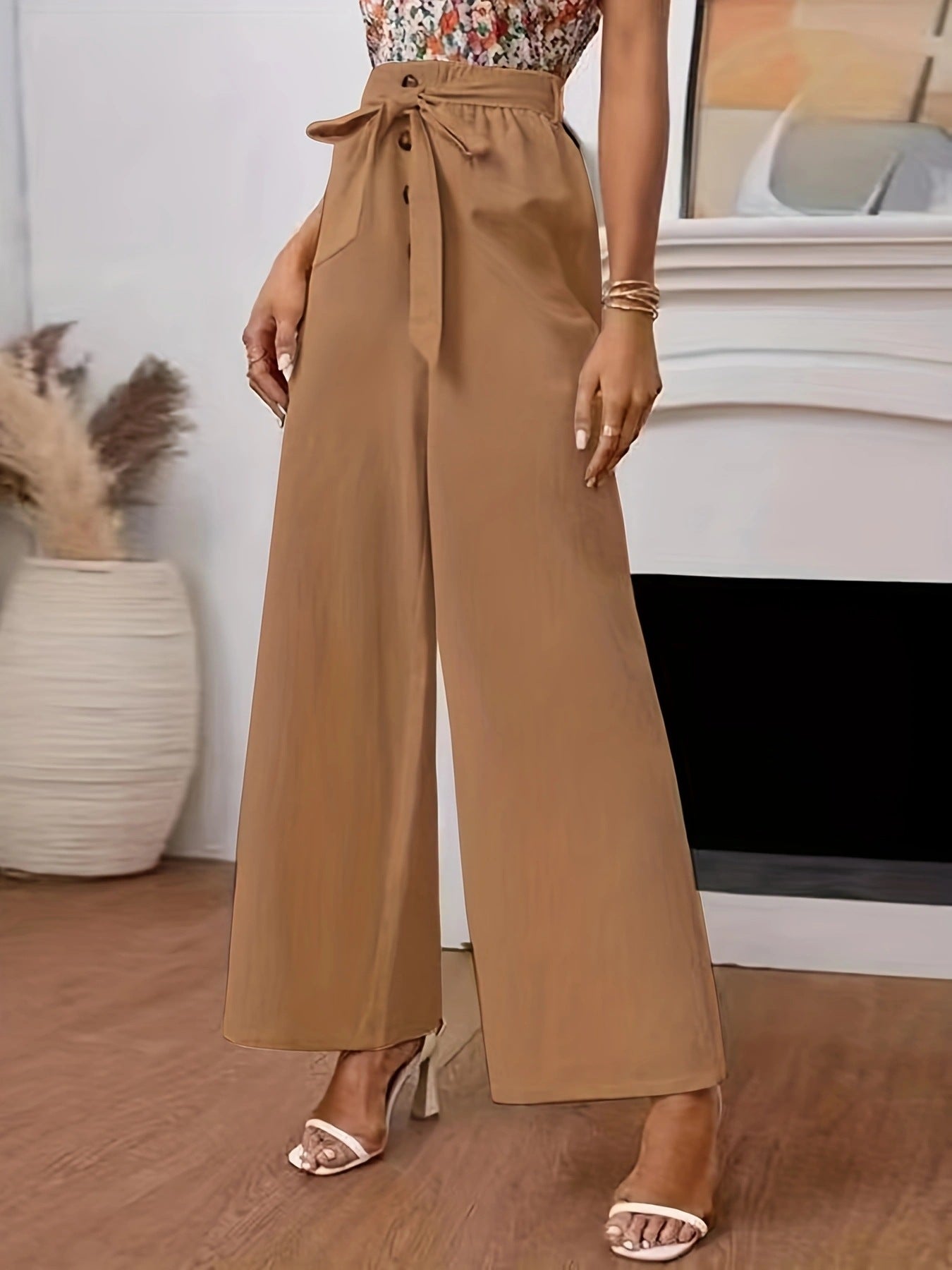 Spring Summer Women Clothing Solid Color Cotton Linen Elastic Loose Casual Wide Leg Women Trousers