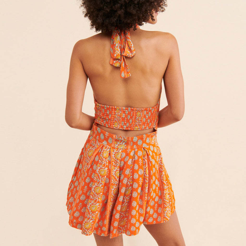 Spring Summer Sexy Lace up Halterneck Printed Vacation Short Rompers