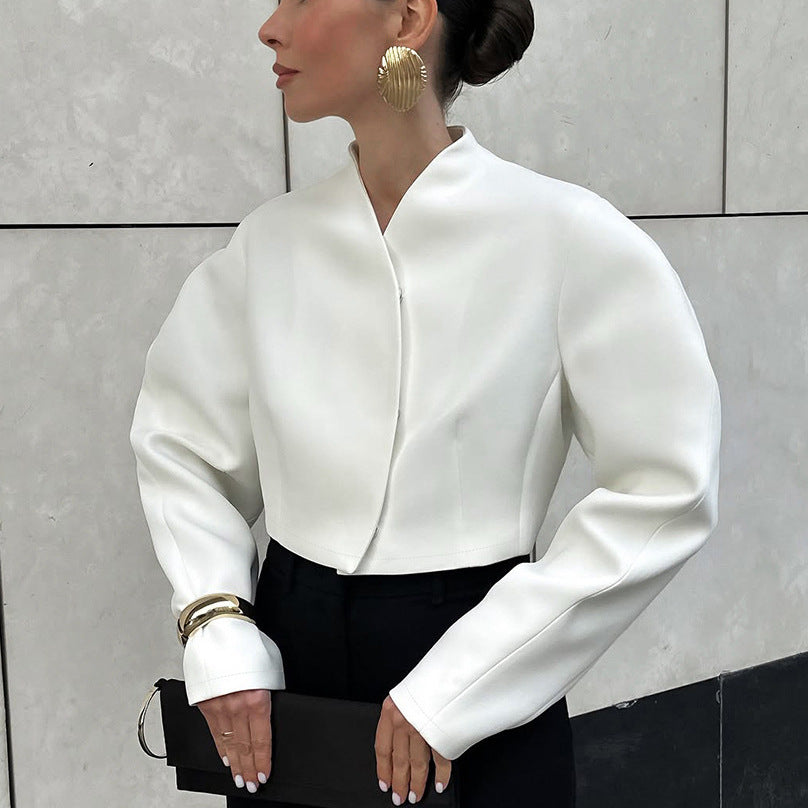 Autumn Stylish Graceful Simple V neck Machete Long Sleeve Loose Fitting Short Coat Women