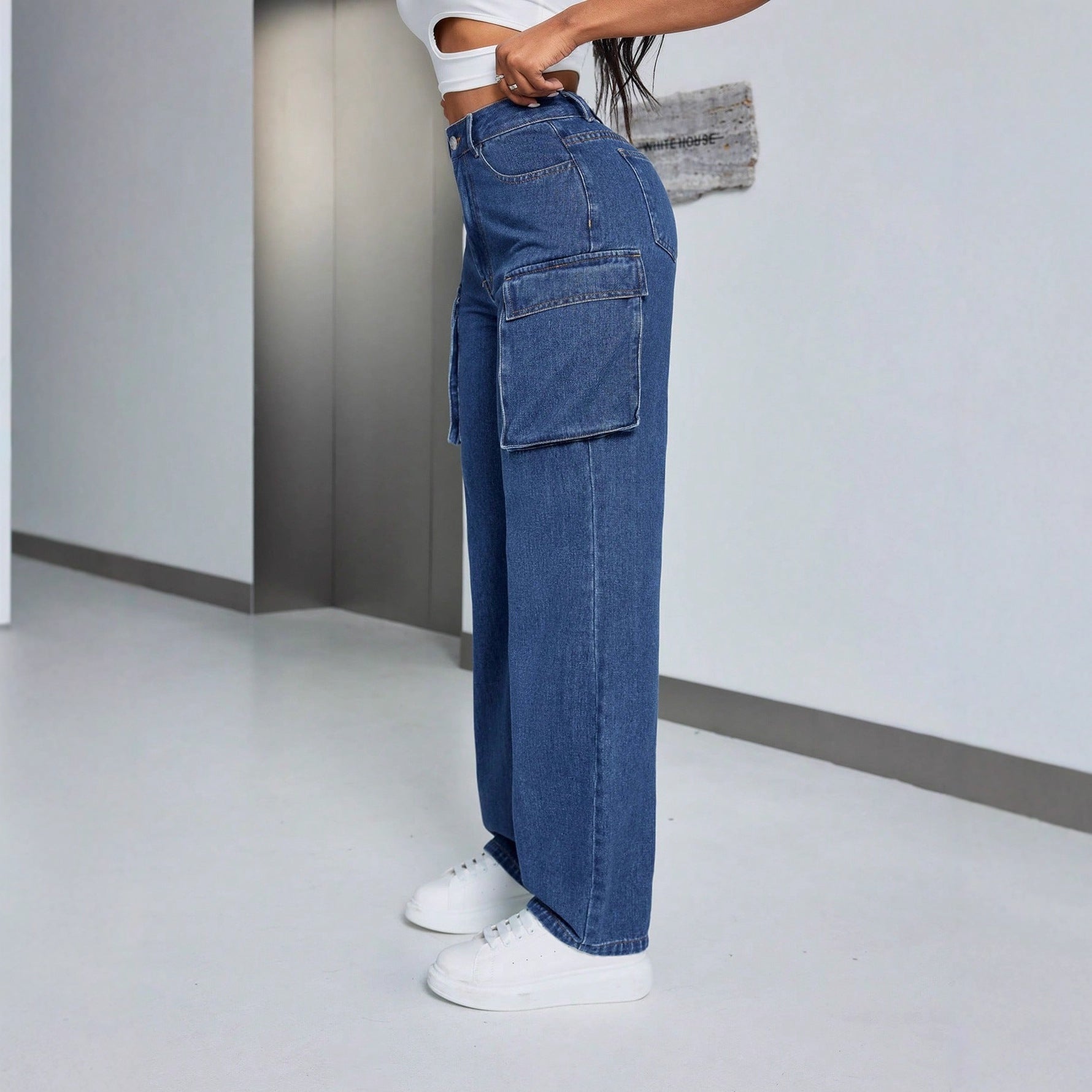 Large Pocket Loose Casual Women Clothing Straight-Leg Denim Trousers