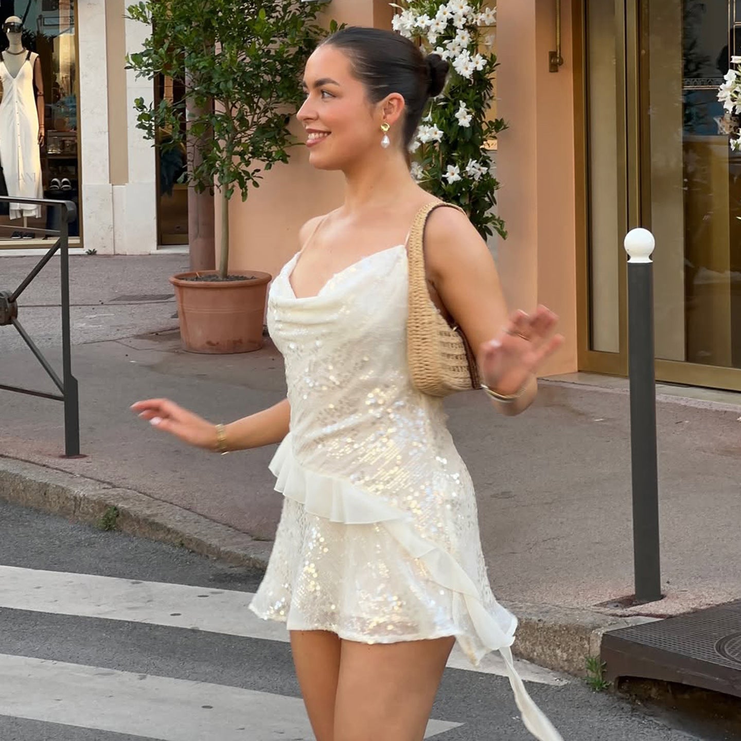 Elegant Party Sexy Special Sequ Swing Collar Irregular Asymmetric Hem Pleated Dress Short for Women