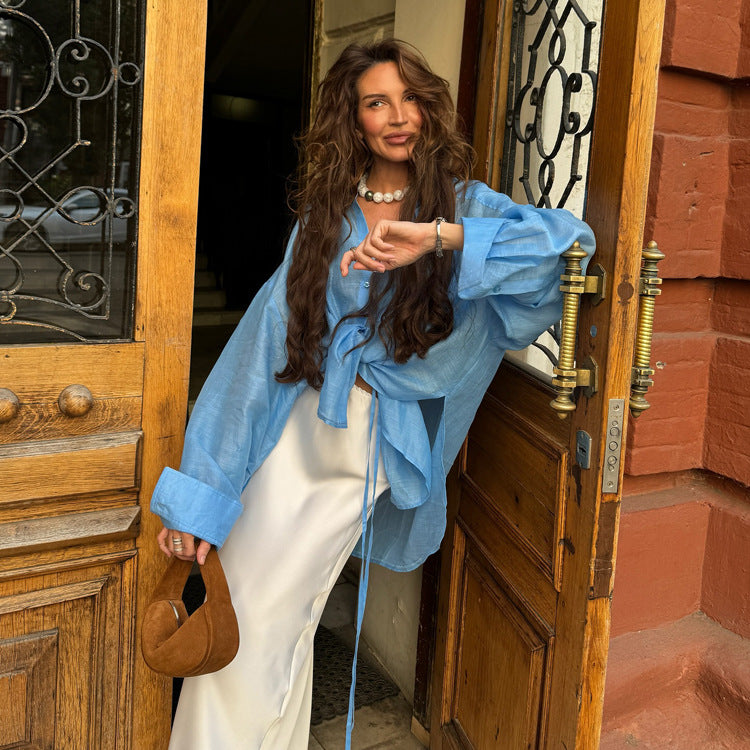 Women Clothing Early Autumn Polo Collar Long Sleeve Tencel Shirt Office All Match Loose Shirt