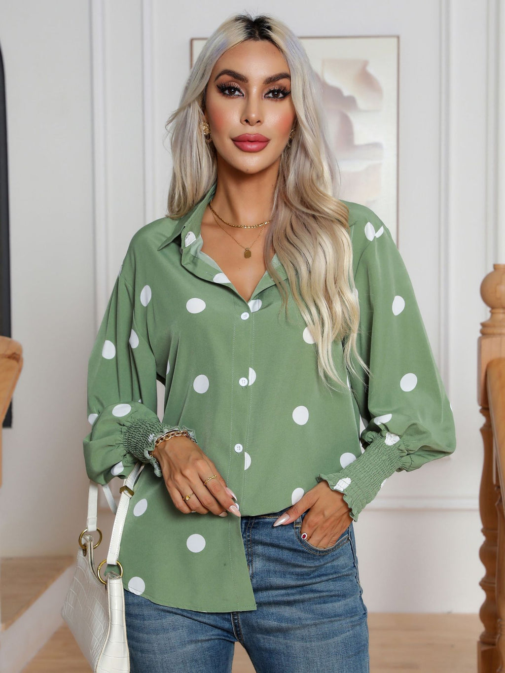 Polka Dot Print Lantern Sleeve Shirt Women Long Sleeved Shirt Top Women Clothing