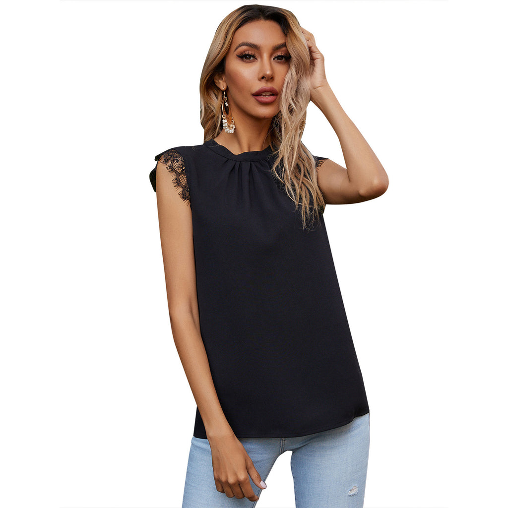 Women Clothing Stitching Lace Edge Half Turtleneck Sleeveless Sexy Shirt