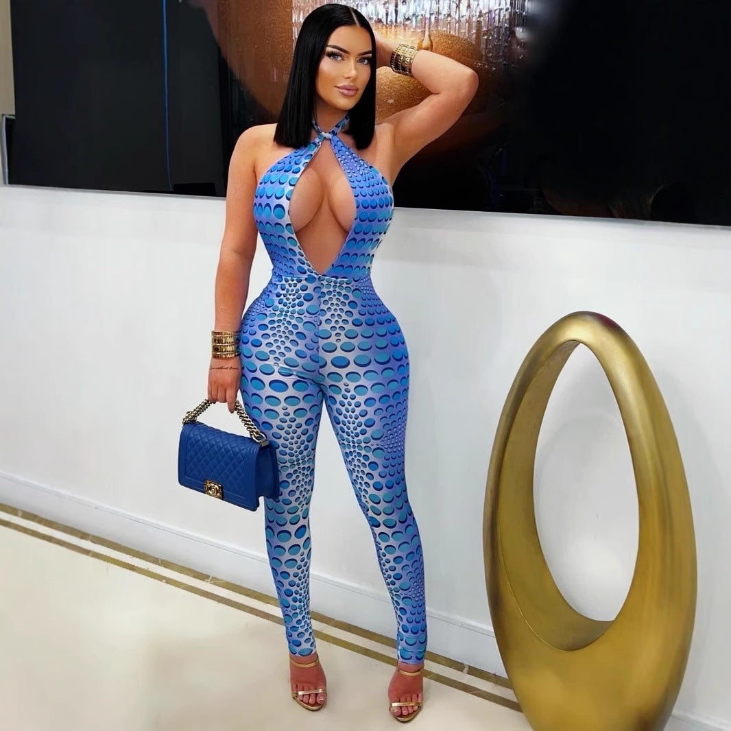 Women Clothing Summer Sexy Girls Skinny Print Halter Backless Yoga Jumpsuit