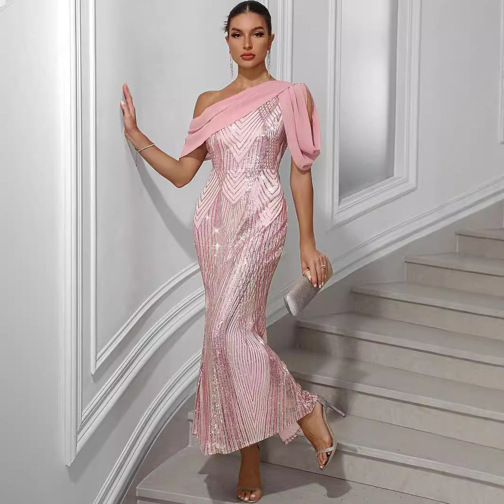 Sexy Backless Chiffon Stitching Sequ Dress Women Clothing Evening Dress