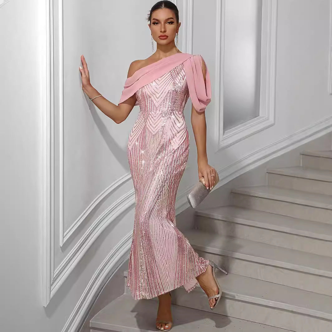 Sexy Backless Chiffon Stitching Sequ Dress Women Clothing Evening Dress