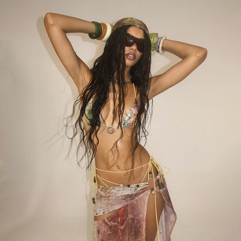 Women Clothing Summer Sexy Split Bikini Strap Beaded Briefs Skirt Three Piece Set