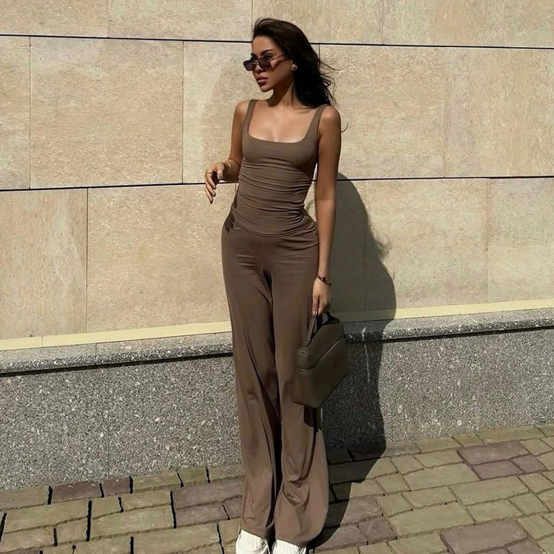 Women Clothing Summer Solid Color Casual Set Square Collar Vest Wide Leg Pants Sports Two Piece Set