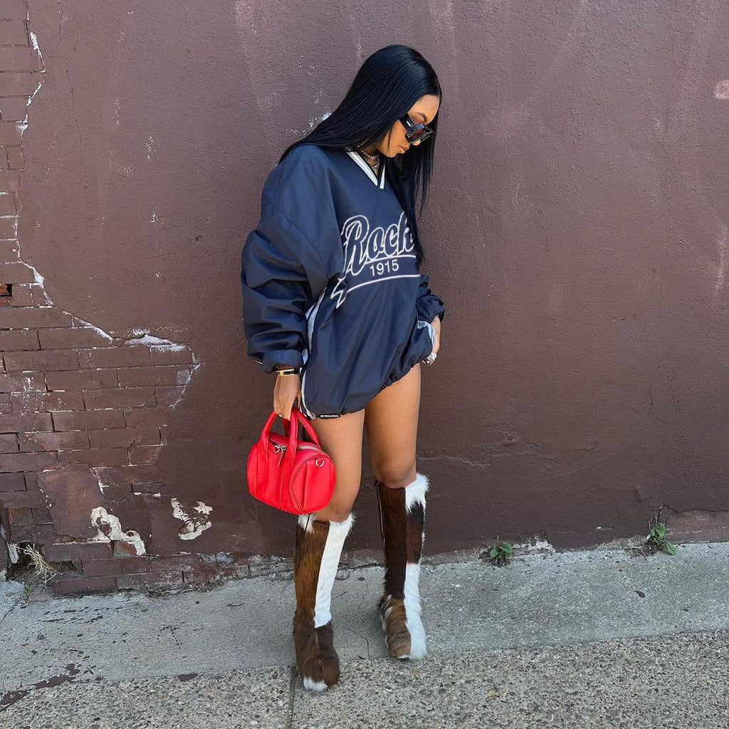 Street Casual Women Letter Graphic Print Contrast Color Women Loose Large Hoody Mid Length Drawstring V neck Top