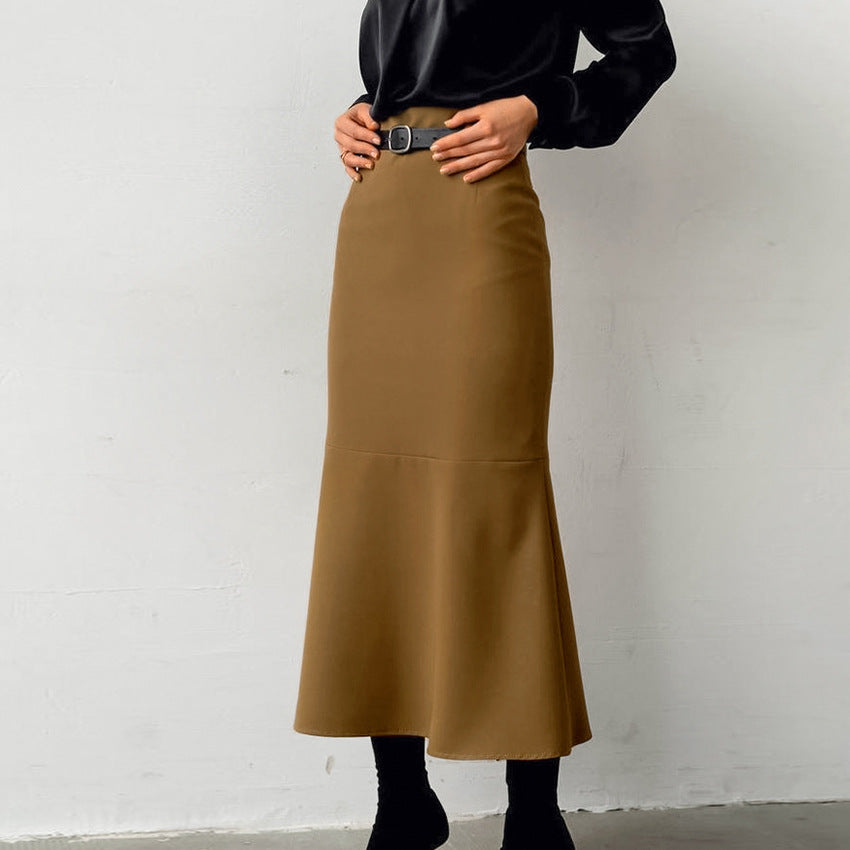 Brown Slim High Waist Fishtail Skirt Autumn Fashionable Elegant High Grade Women Dress No Belt
