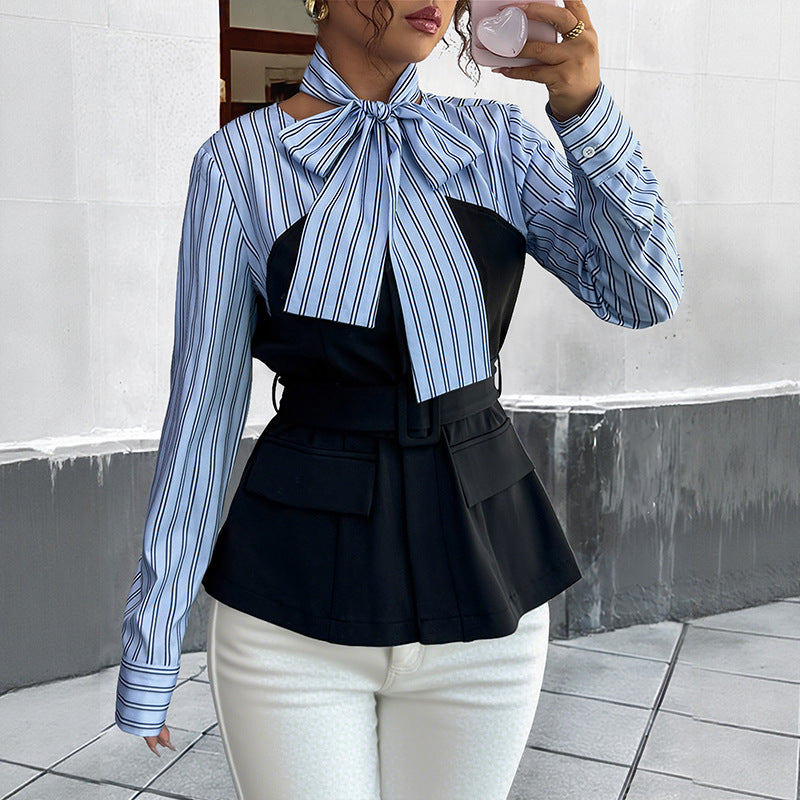 Spring Autumn Striped Stitching Elegant Graceful Office False Two Piece Sets Shirt Top