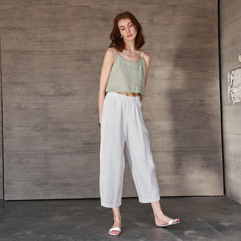 Pure Linen Cropped Pants Women Autumn Elastic Waist Radish Pants Loose Pants All Matching Slimming Straight Pants