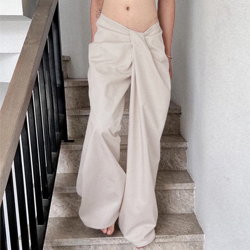 Personality Irregular Asymmetric Twist Pleated Design Low Waist Sexy Solid Color Loose Casual Trousers Autumn Winter