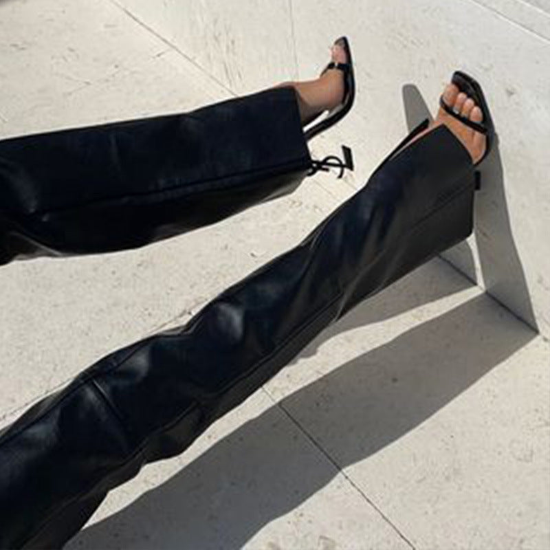 Autumn Women Clothing Faux Leather Pants Women Straight Loose Casual Low Waist Leather Pants Hair