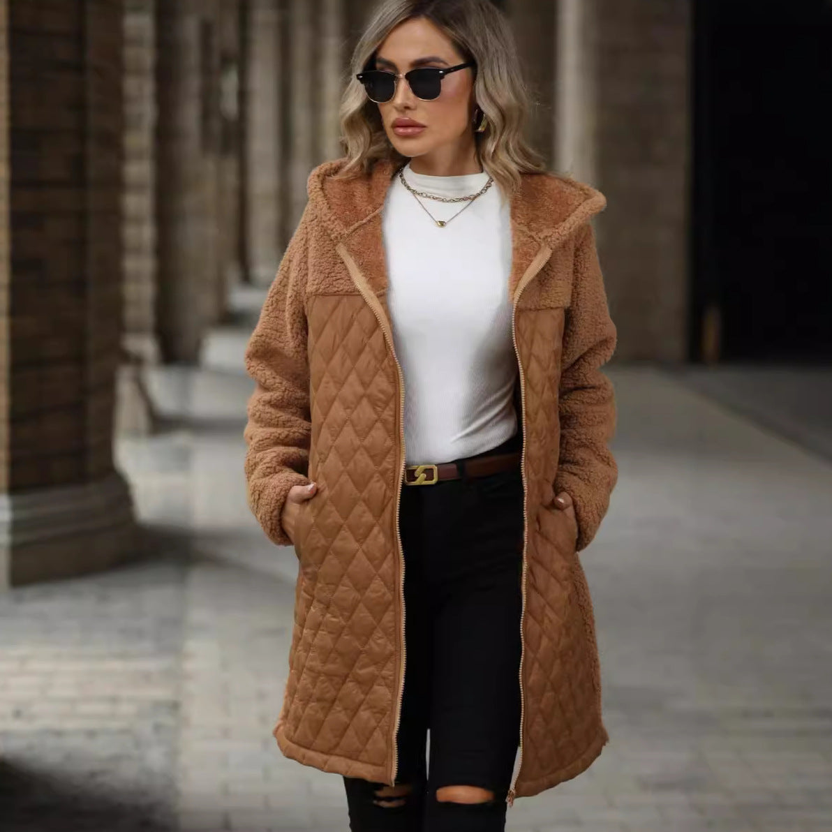 Manteau d'automne-hiver pour femme, ample, à capuche et fermeture éclair, en peluche.
