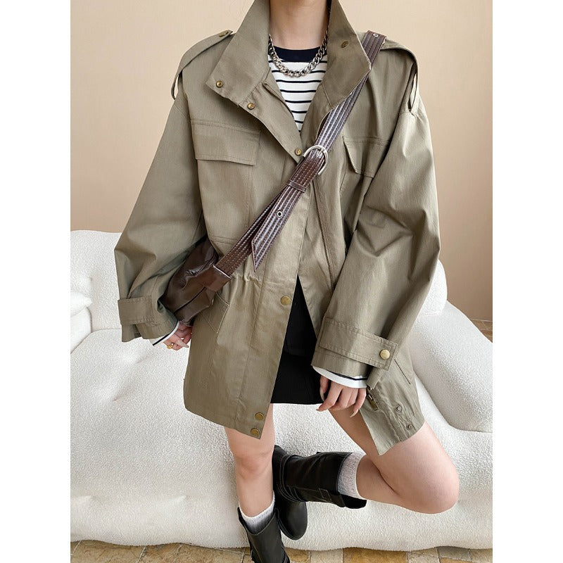 Fashionable Street Retro Design Stand Collar Profile Casual Overall Trench Coat