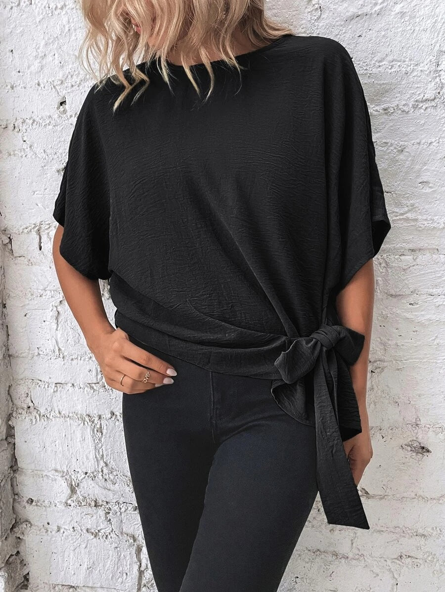 Women Clothing Summer Solid Color Batwing Sleeve Knotted Loose T Top