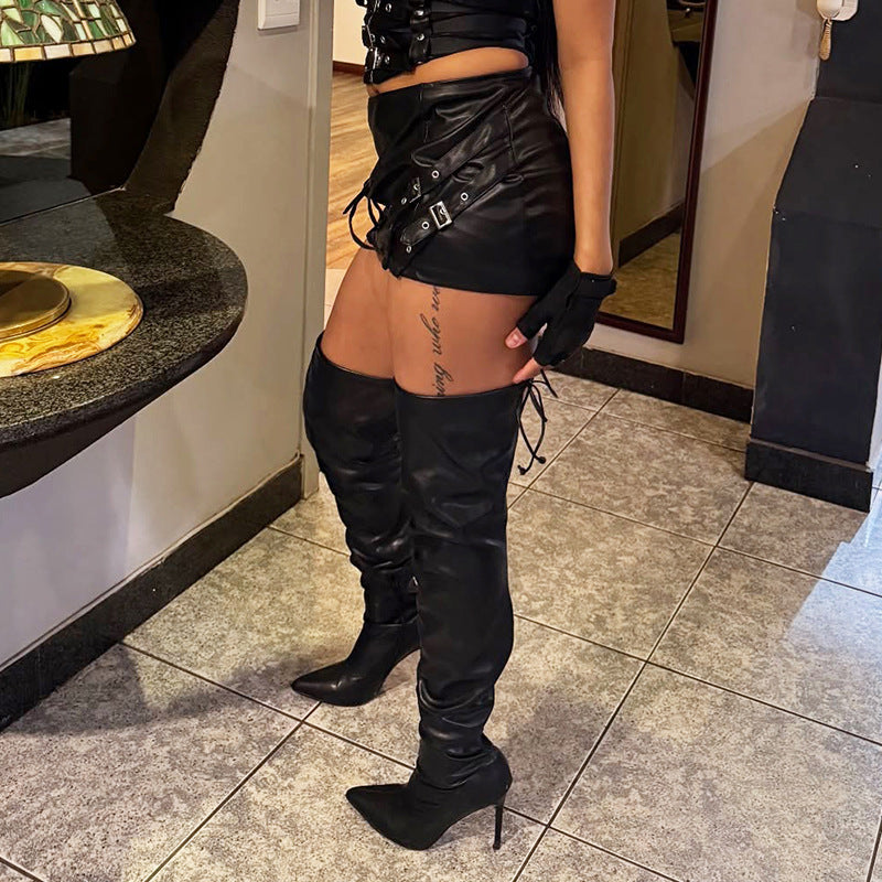 Jupe moulante en cuir noir sexy à boucle métallique japonaise taille basse