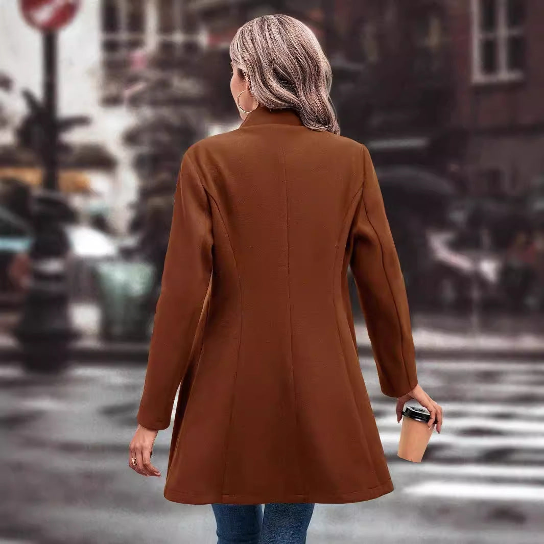 Women Clothing Fall Winter Lapels Slim Fit Wool Solid Color Coat