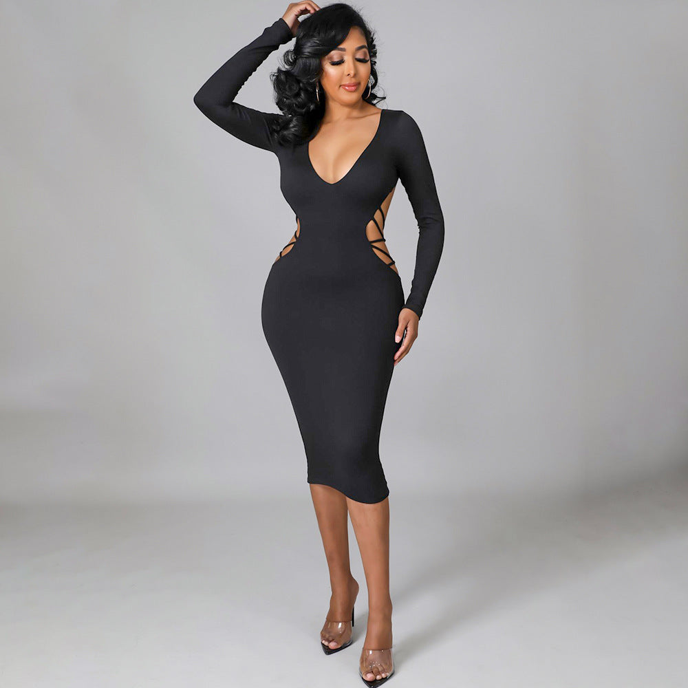 Women Clothing Sexy Tight Backless Hollow Out Cutout out V neck Dress Women