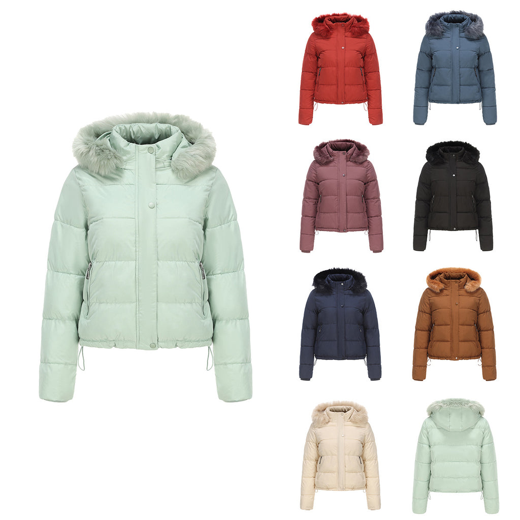 Vêtements chauds d'automne et d'hiver en coton pour femmes, chapeau court amovible en velours, manteau en coton à manches longues