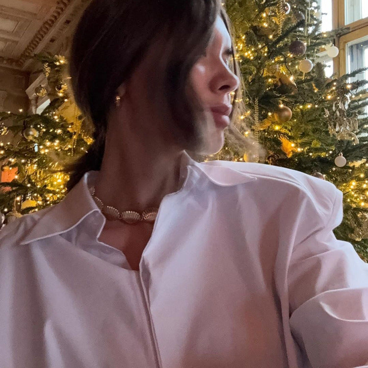 French Simplicity Commuting Short Model in White Color Women Shirt Autumn Polo Collar Long Sleeve All Match Cardigan Top