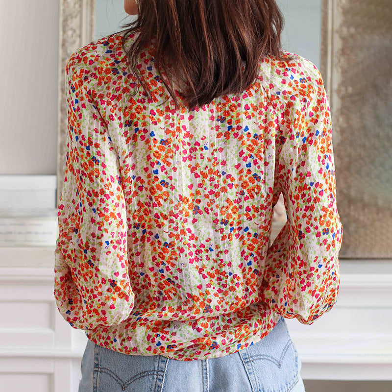 Shiying Floral Print Low V-neck Pullover Shirt Women Spring Autumn Loose Long Sleeve Bohemian Shirt