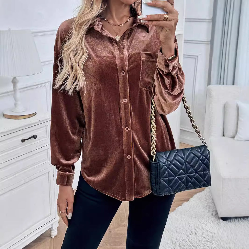 Collared Shirt Autumn Winter Long Sleeve Velvet Cardigan Top