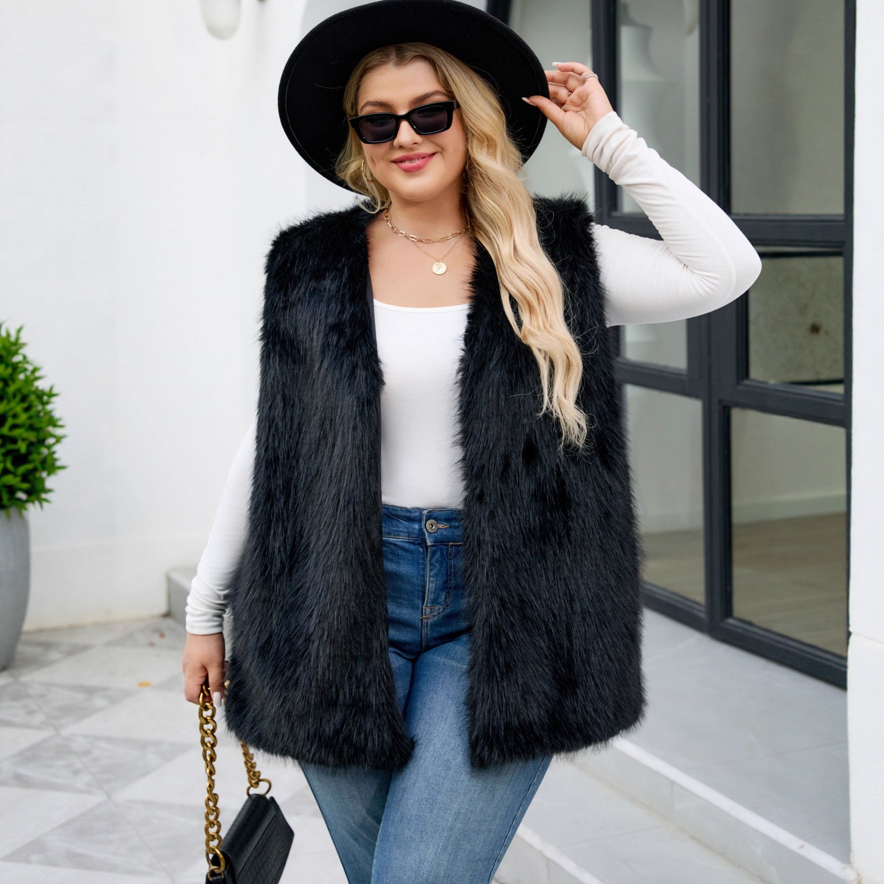 Plus Size Women Clothing Faux Fur V neck Vest Coat Sleeveless Vest