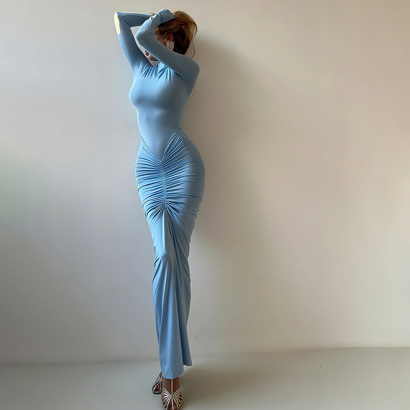 Women Clothing Autumn Solid Color Elegant Slim Slimming Pleated Turtleneck Long Sleeve Dress