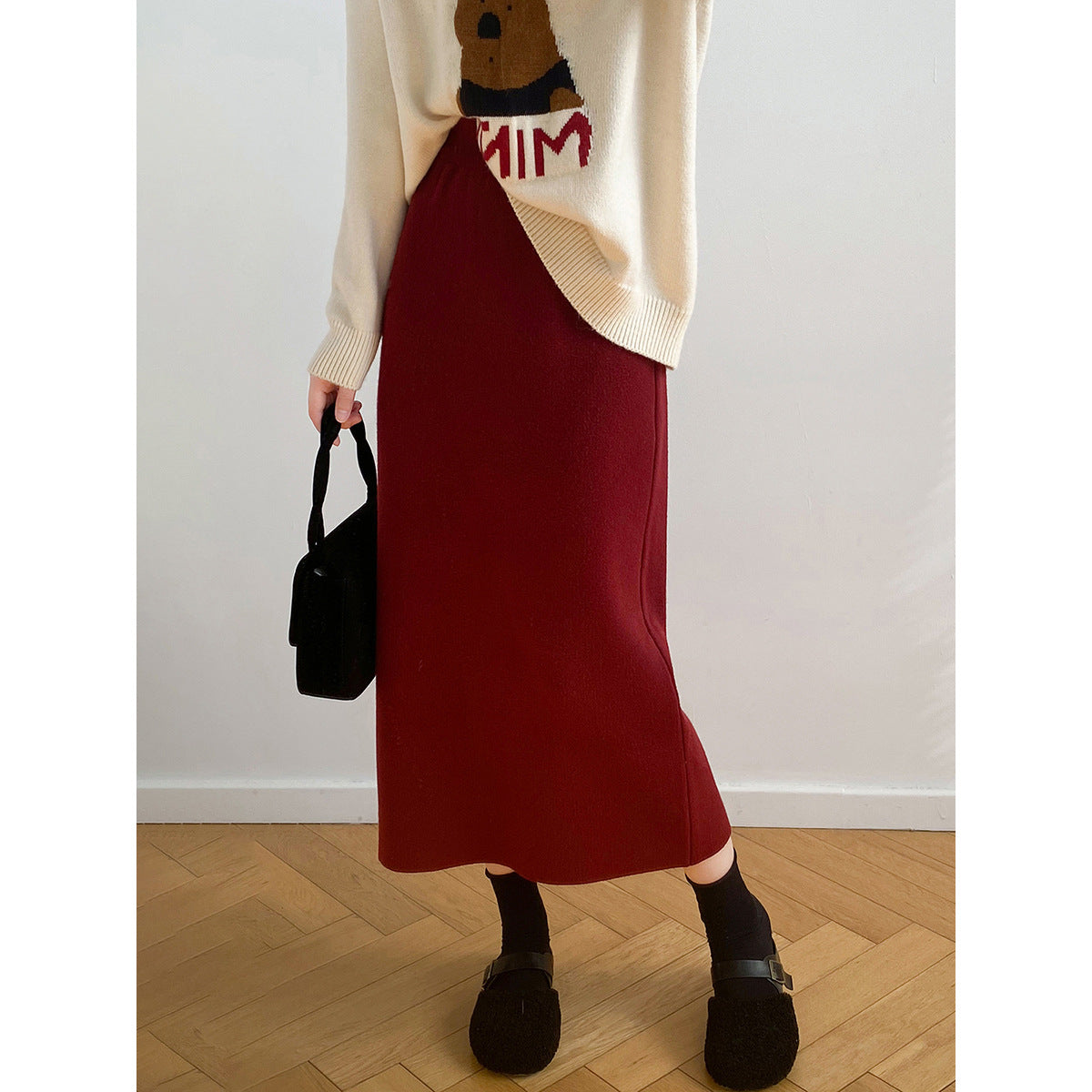 Knitted Skirt for Women Autumn Winter Niche A line High Waist Mid Length Knitted Skirt
